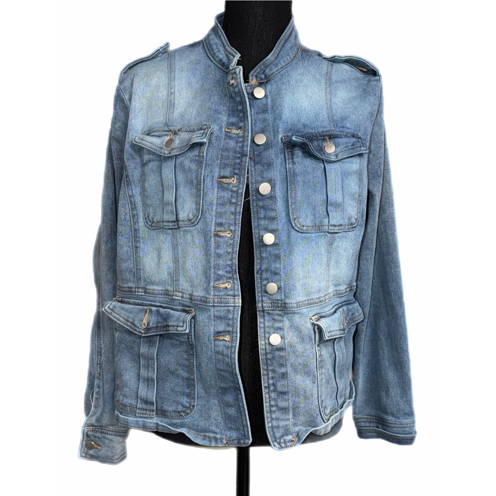 Baccini Womens Denim Utility Jacket Medium Wash Blue Cargo Pockets Large